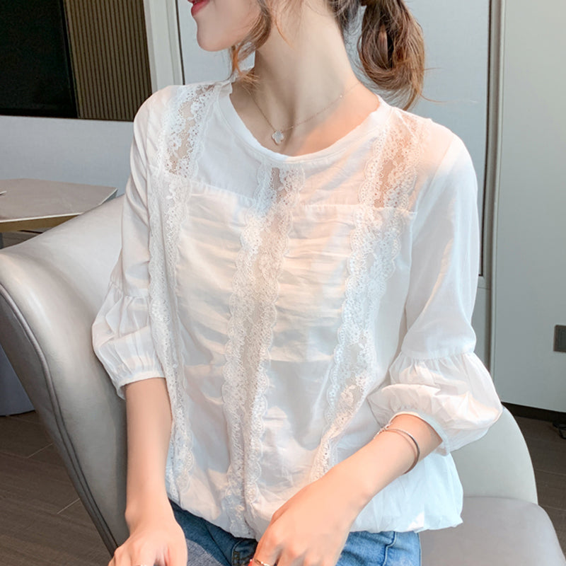 Elegant Lace Cutout Balloon Sleeve Chiffon Shirt