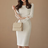 Elegant temperament solid color long-sleeved dress