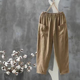 Harem Cotton Linen Elastic-Waist Casual Cropped Pants