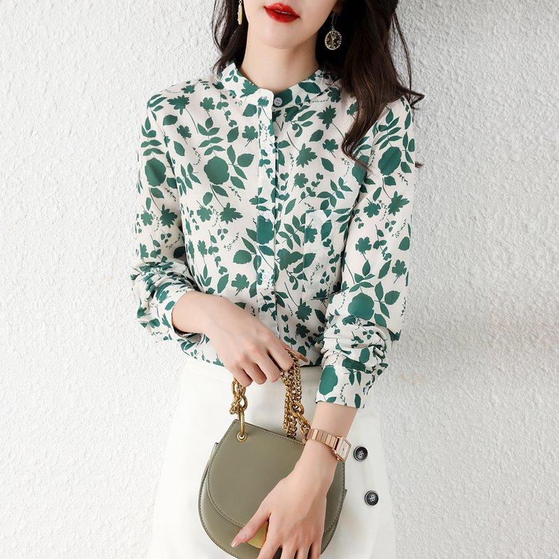 Green Long Sleeve Shift Stand Collar Vintage Shirts & Tops