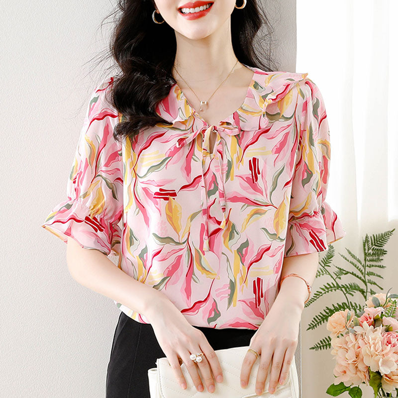 Chiffon Short-Sleeved Lace-up Top