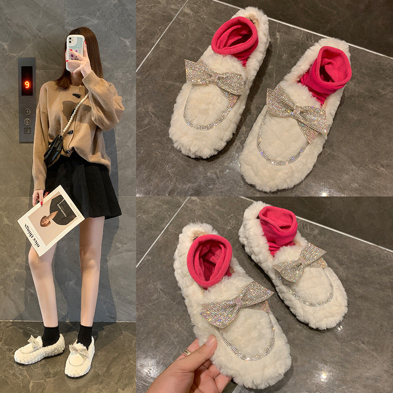 Korean version cute all-match bow velvet flat shoes