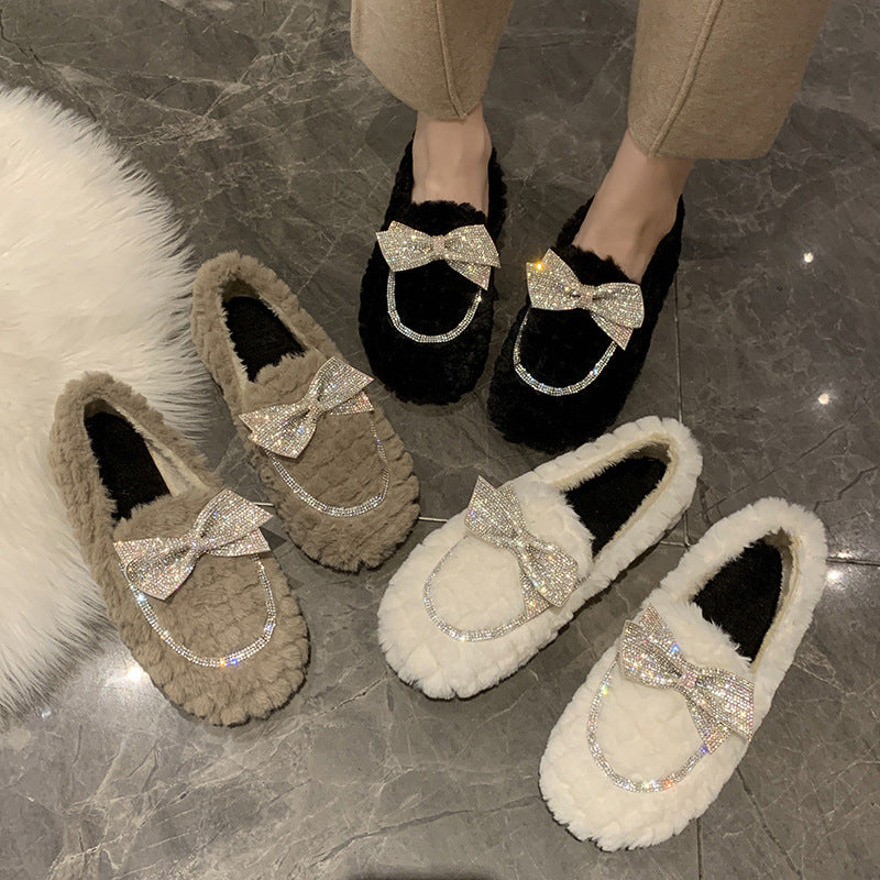 Korean version cute all-match bow velvet flat shoes
