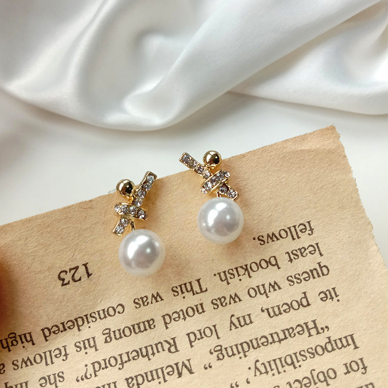 Rhinestone Bowknot Pearl Earrings