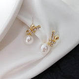 Rhinestone Bowknot Pearl Earrings