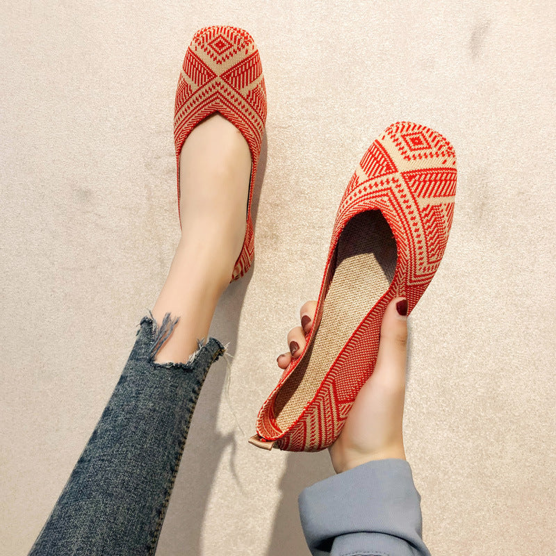 Knitted soft sole woven breathable flat shoes