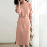 Round Neck Belted Midi Knitted Dress