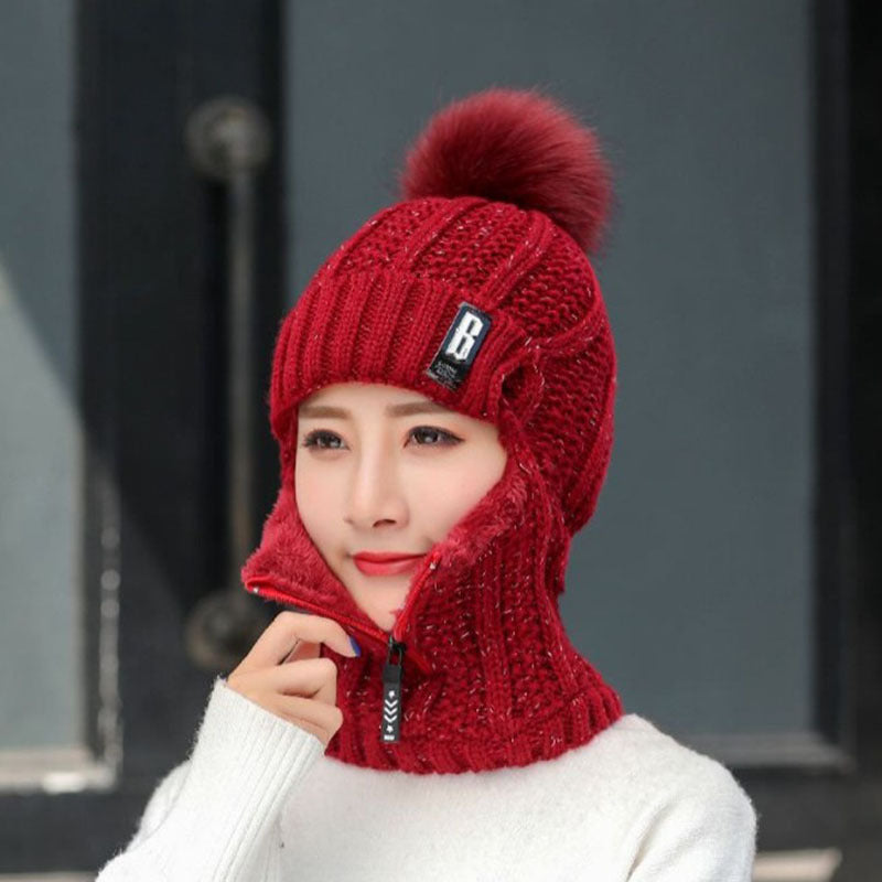 One-Piece Zipper Scarf Knitted Hat