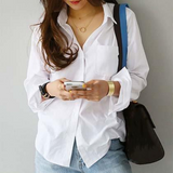 White Plain Long Sleeve Cotton-Blend Shirt Collar Shirts & Tops