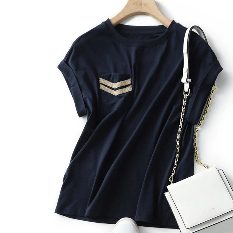 Casual Embroidered Pocket Bat Sleeve T-Shirt