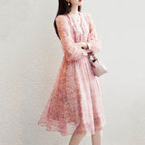 Sweet V-neck Printed Puff Sleeve Waist Dress