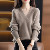 Loose V-neck Plain Color Knitted Sweater