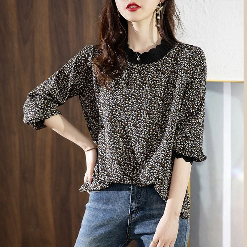 Ruffled Knit Patchwork Floral Shirt