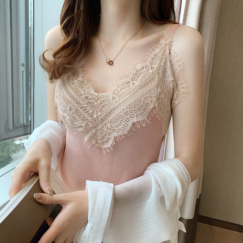 Solid Color V Neck Lace Camisole