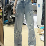 Star Raw Edge Patch Straight Wide Leg Jeans
