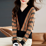 Contrast Color V-neck Batwing Sleeve Striped Knitted Sweater