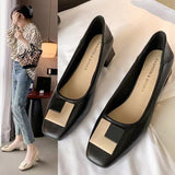 Square Toe Chunky Heel Women's Leather Shoes