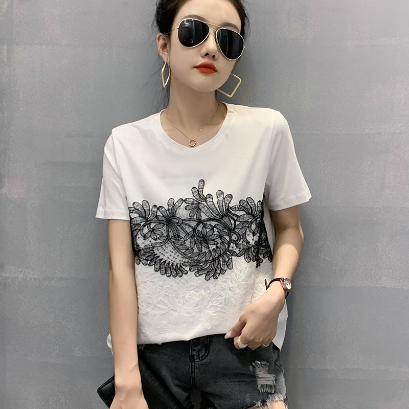 Casual Round Neck Lace Patchwork T-Shirt