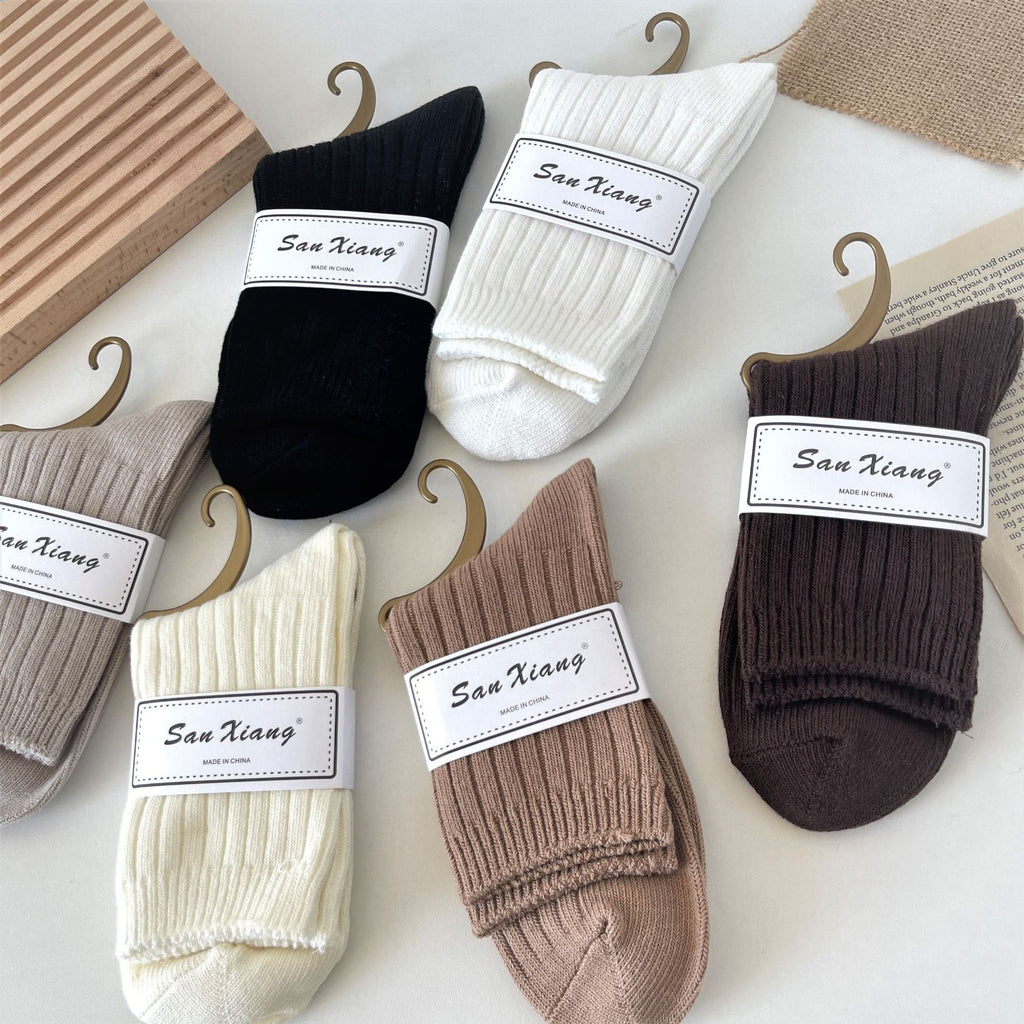 Solid Color Casual Ribbed Crew Socks