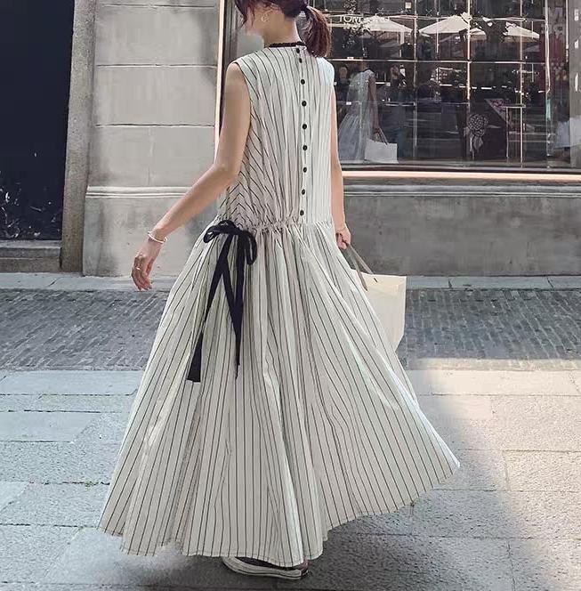 Sleeveless French Drawstring Stripe Dress