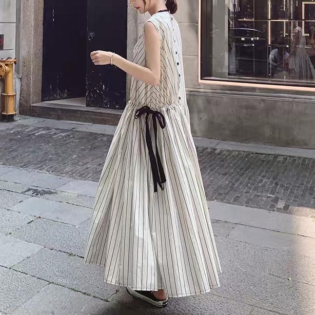 Sleeveless French Drawstring Stripe Dress
