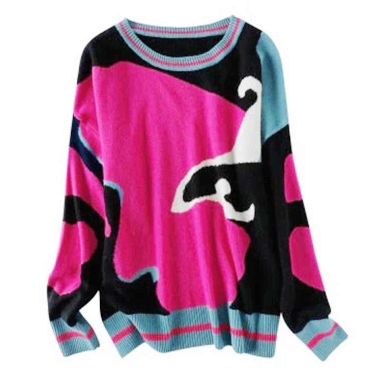 Red Abstract Long Sleeve Crew Neck Sweater