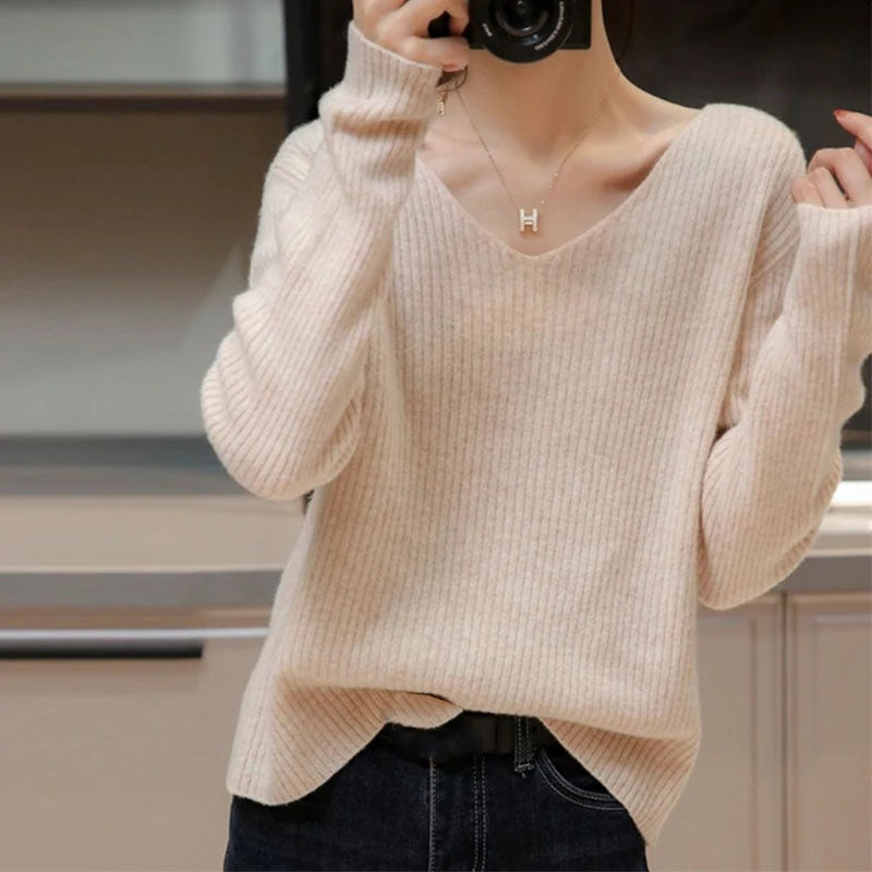 V Neck Solid Color Knit Sweater