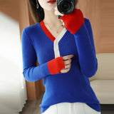 V-neck Color Block Buckle Knit Sweater
