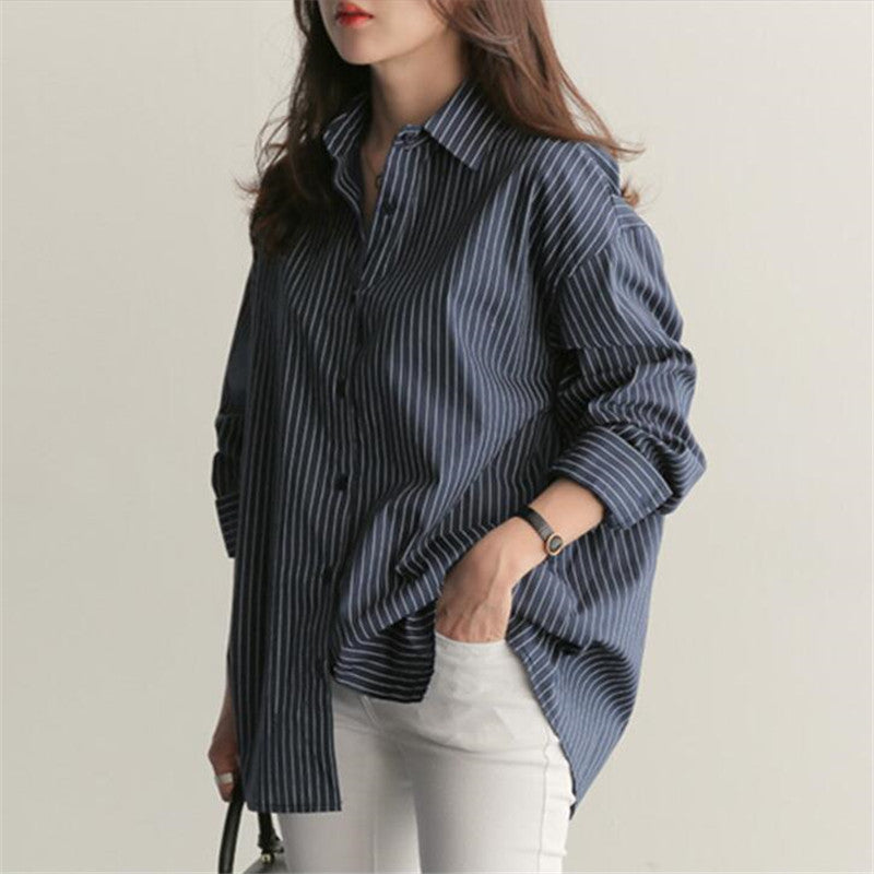 College style all-match vertical stripes plus size long-sleeved shirt