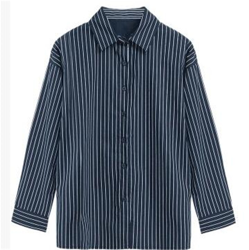 College style all-match vertical stripes plus size long-sleeved shirt