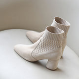 Fashionable and elegant square toe apricot stitching thick-heeled knit single boots