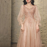 Elegant mesh sequined long-sleeved dress