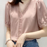 V-neck Puff Sleeve Lace Chiffon Shirt