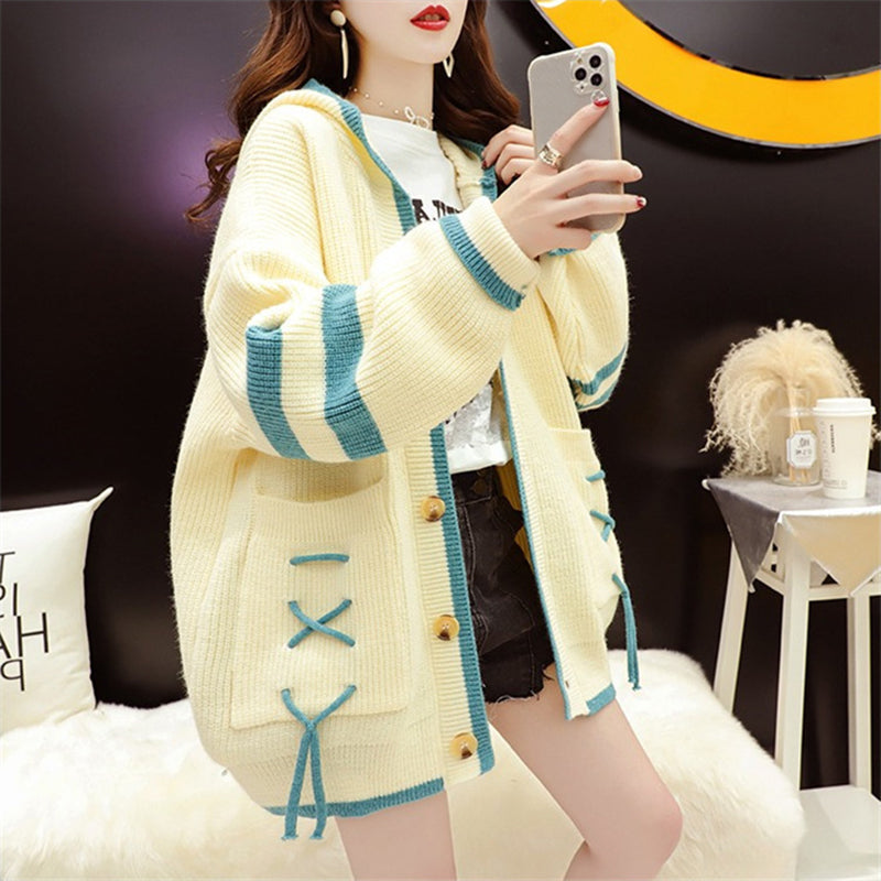 Lace-Up Pockets Knitted Hooded Cardigan