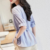 Drawstring Buckle Solid Color Shirt