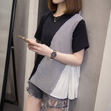 Pleated Striped Patchwork Loose T-Shirt