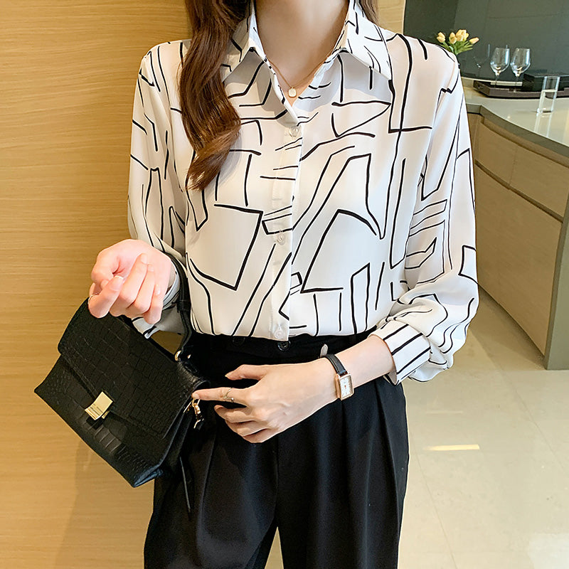 Printed light cooked commuter long-sleeved chiffon shirt