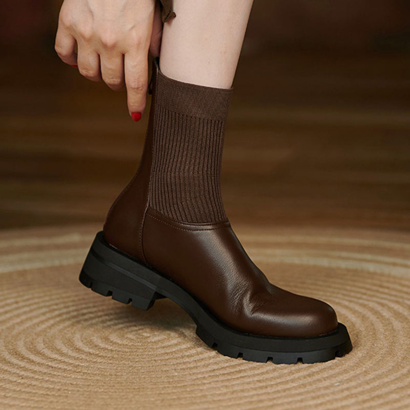 Knitted Panel Zipper Mid Heel Boots