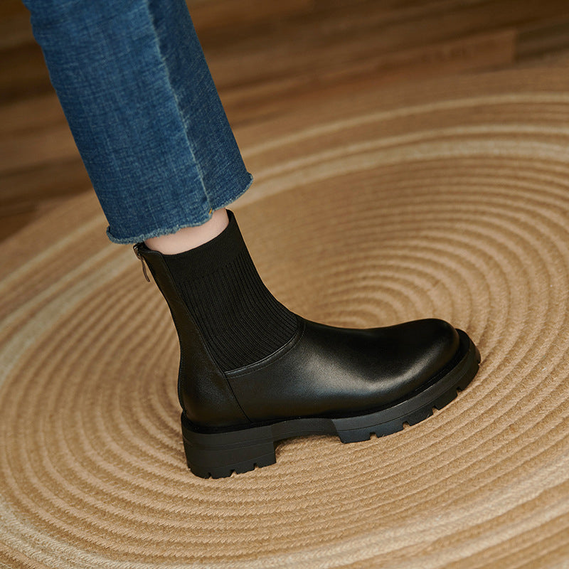 Knitted Panel Zipper Mid Heel Boots
