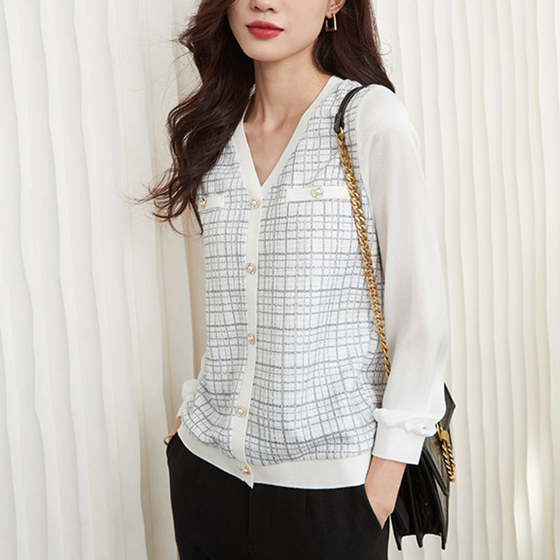 Elegant long-sleeved V-neck knitted stitching fake two-piece chiffon shirt