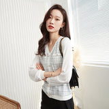 Elegant long-sleeved V-neck knitted stitching fake two-piece chiffon shirt