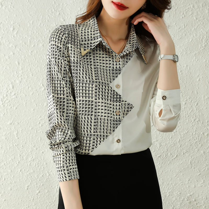 Fashionable temperament contrast color letter stitching shirt all-match long-sleeved shirt