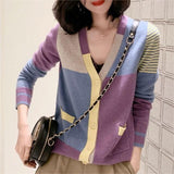 Color Matching Plaid V-neck Knitted Sweater