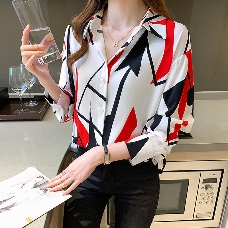 Fashionable design sense all-match chiffon long-sleeved printed shirt
