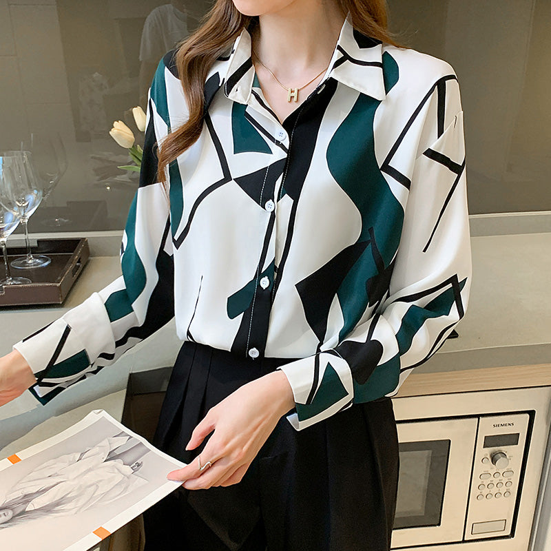 Fashionable design sense all-match chiffon long-sleeved printed shirt