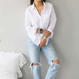 White Plain Long Sleeve Cotton-Blend Shirt Collar Shirts & Tops