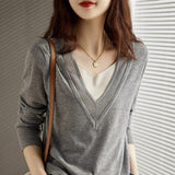 Fashion contrast color stitching fake two pieces of V-neck long-sleeved sweater