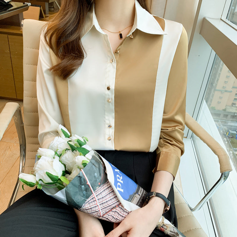 Elegant lapel satin-paneled silk-chiffon shirt