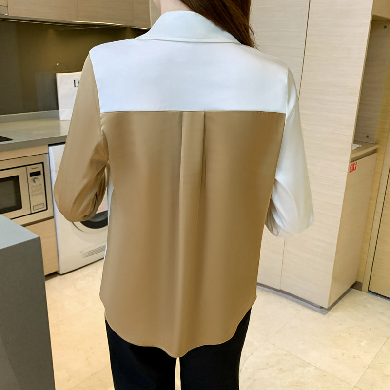 Elegant lapel satin-paneled silk-chiffon shirt