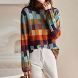 Colorful Checkerboard High Neck Knitted Sweater